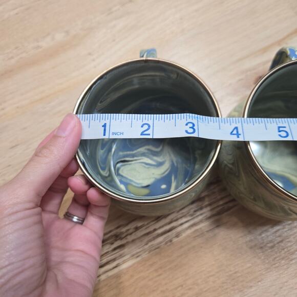 Mackenzie Childs Enamelware Blue Green Gold Dipped Paint Swirl Metal Mug - Picture 10 of 10